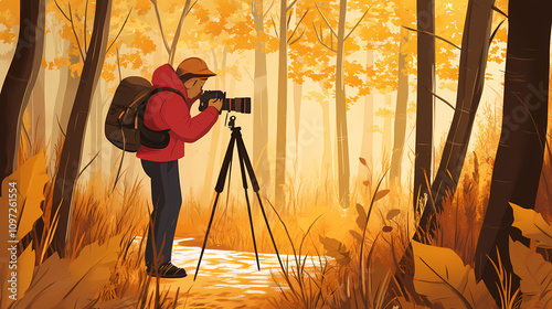 Photographer setting up camera on tripod in forest. Golden Forest Trail. Illustration