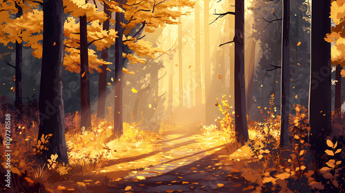 Panoramic view of a forest trail in autumn, with golden light streaming through the trees. Golden Forest Trail. Illustration