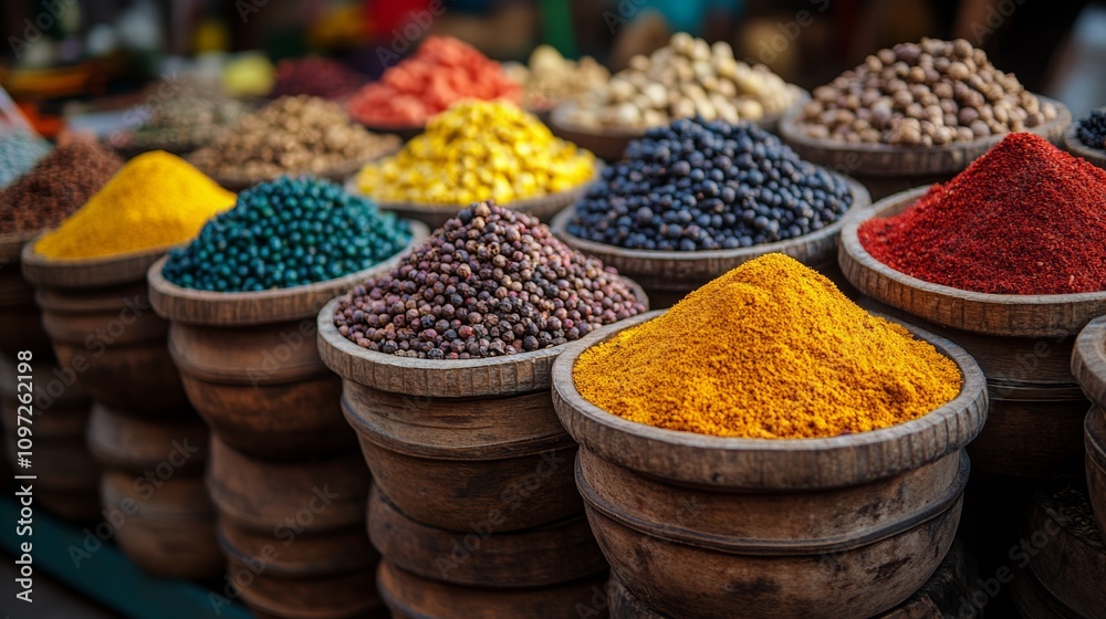 A close-up view of various spices and herbs displayed in wooden bowls at an outdoor market.