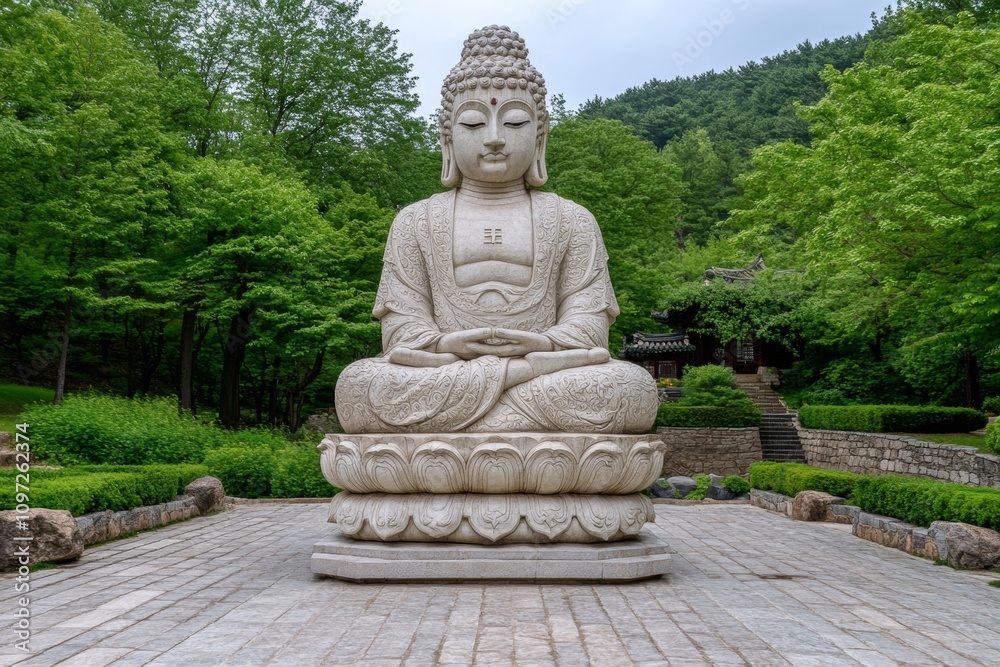 A large outdoor Buddha statue with its meditative expression overlooking temple courtyards A large outdoor Buddha statue with its meditative expression overlooking temple courtyards