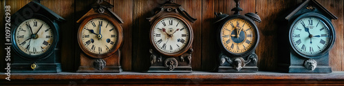 A row of old-fashioned cuckoo clocks, their dials covered in a thin layer of dust, resting on a wooden shelf. photo