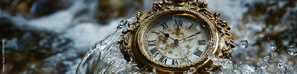 A delicate antique mantel clock, its hands almost imperceptible as they move slowly against a background of flowing water. A delicate antique mantel clock, its hands almost imperceptible as they move slowly against a background of flowing water.
