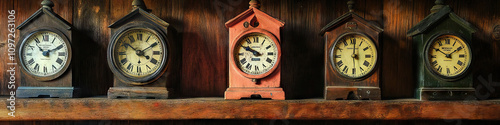 A row of old-fashioned cuckoo clocks, their dials covered in a thin layer of dust, resting on a wooden shelf. photo