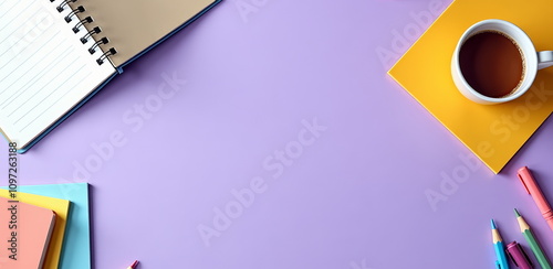 Colorful office supplies on purple background