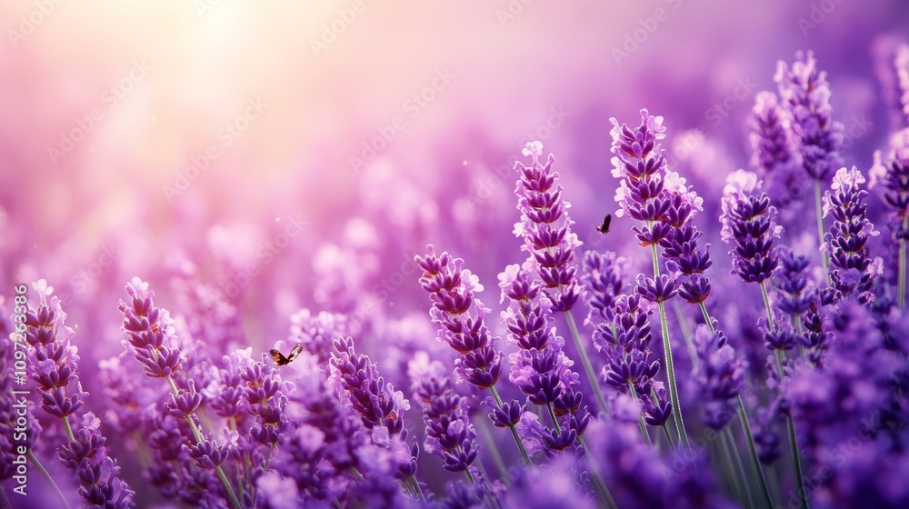 Fototapeta premium A field of purple lavender flowers bathed in warm sunlight with butterflies flying above.