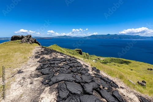 A panoramic view of Capelinhos Volcano on Faial Island, with its stark volcanic landscape meeting the sea