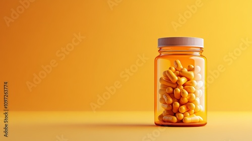 A glass bottle filled with yellow capsules sits on an orange background.