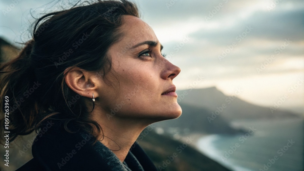 A woman staring off into the distance her expression contemplative and distant. Striking highlights on her cheekbones juxtapose with dark shadows beneath her chin reflecting the A woman staring off into the distance her expression contemplative and distant. Striking highlights on her cheekbones juxtapose with dark shadows beneath her chin reflecting the