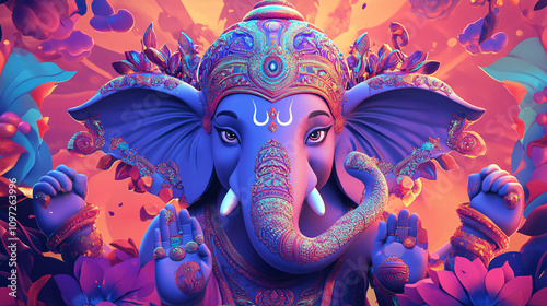 Lord ganesha, the deity of obstacles, bestowing blessings amid vibrant colors and intricate details, emanating divine energy