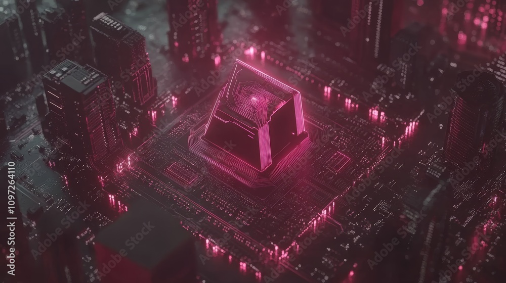 A glowing red processor chip in a futuristic cityscape, resembling a CPU with skyscrapers. A glowing red processor chip in a futuristic cityscape, resembling a CPU with skyscrapers.
