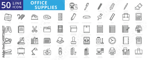 Office supplies icon set with stationary, pens, pencils, highlighters, markers, eraser, sticky notes, paper clips, rubber hand, stapler, briefcase, calculator, notepad, scissor, and file folders