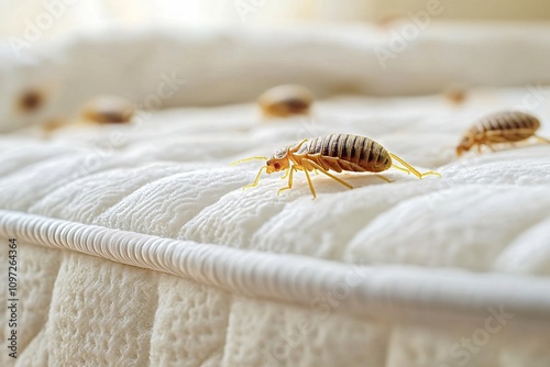 Prevent bed bug infestations by maintaining cleanliness in your bedroom. Close-up of creepy crawlies on mattress. Take measures to control pests photo