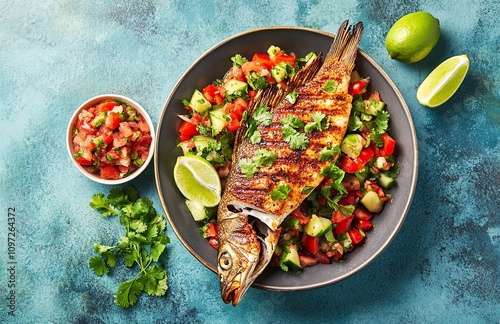 Grilled whole fish served with vibrant avocado corn salsa, fresh radishes, lime, and cilantro on a speckled plate over a turquoise background photo