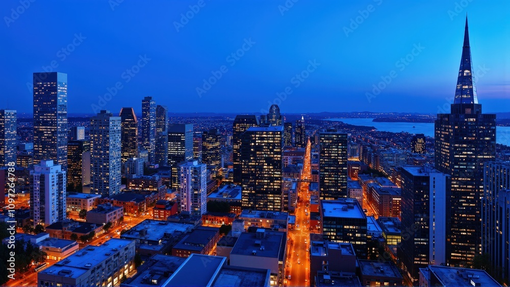 Obraz premium Generative AI, Dynamic Urban Skyline at Dusk
