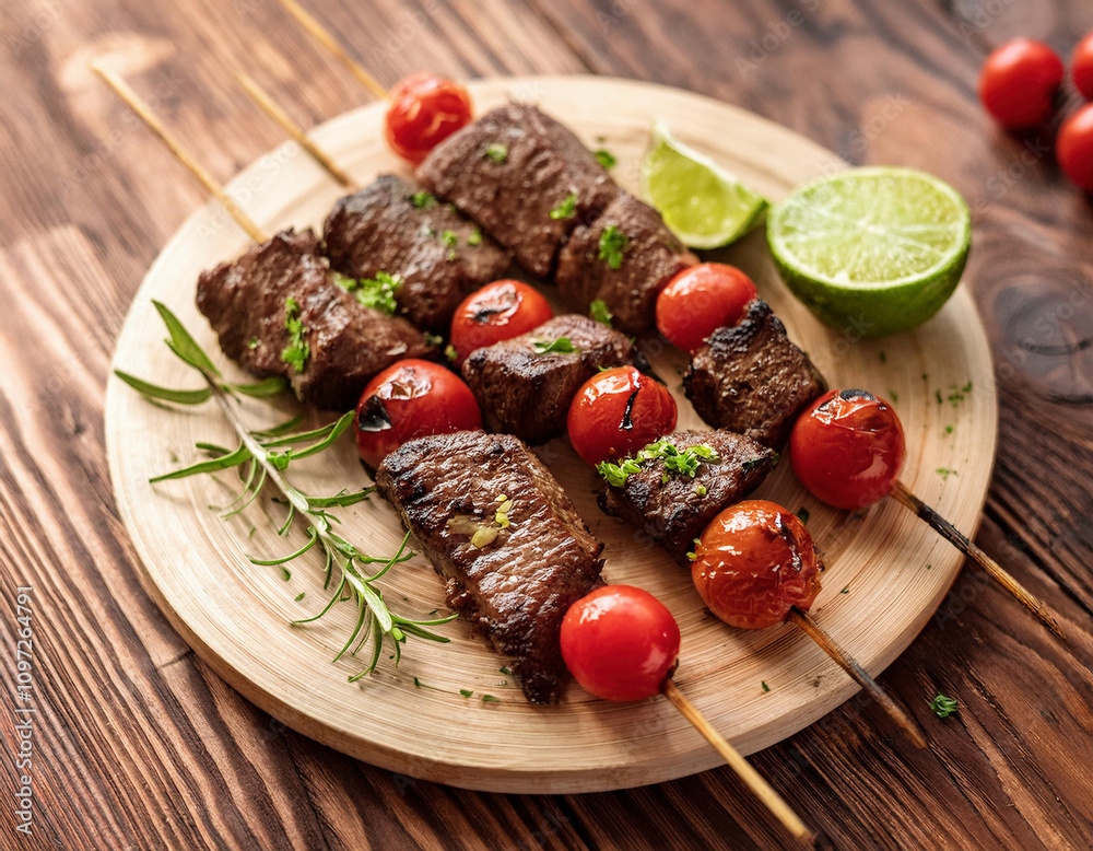 Grilled lamb kebab shish with cherry tomatoes and fresh herbs served on a wooden cutting board with lime wedges. Grilled lamb kebab shish with cherry tomatoes and fresh herbs served on a wooden cutting board with lime wedges.