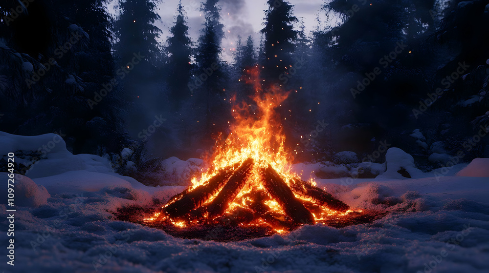 Winter Bonfire in Snowy Forest Landscape Winter Bonfire in Snowy Forest Landscape