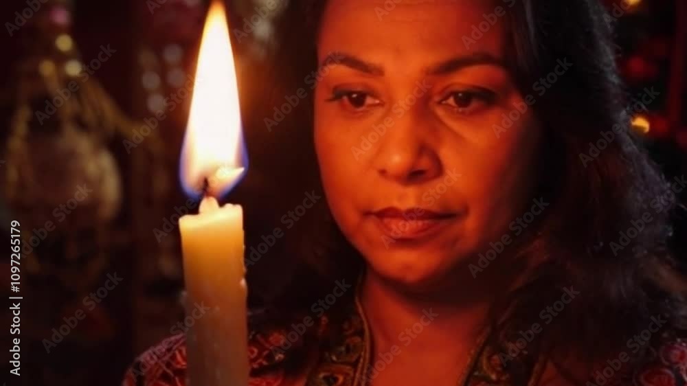 A woman in traditional attire holds a lit Kwanzaa candle, with her expression one of pride and reverence. The background is rich with cultural symbols and decor, illustrating the importance A woman in traditional attire holds a lit Kwanzaa candle, with her expression one of pride and reverence. The background is rich with cultural symbols and decor, illustrating the importance