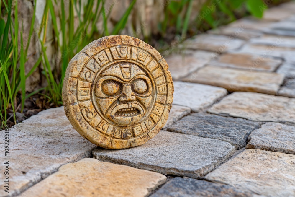 A simple representation of the Aztec calendar stone using bold shapes and a monochromatic color scheme A simple representation of the Aztec calendar stone using bold shapes and a monochromatic color scheme