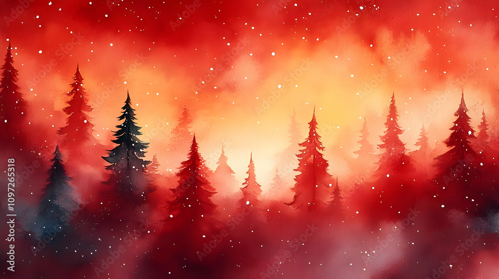 Naklejka premium Red and Orange Watercolor Forest Illustration