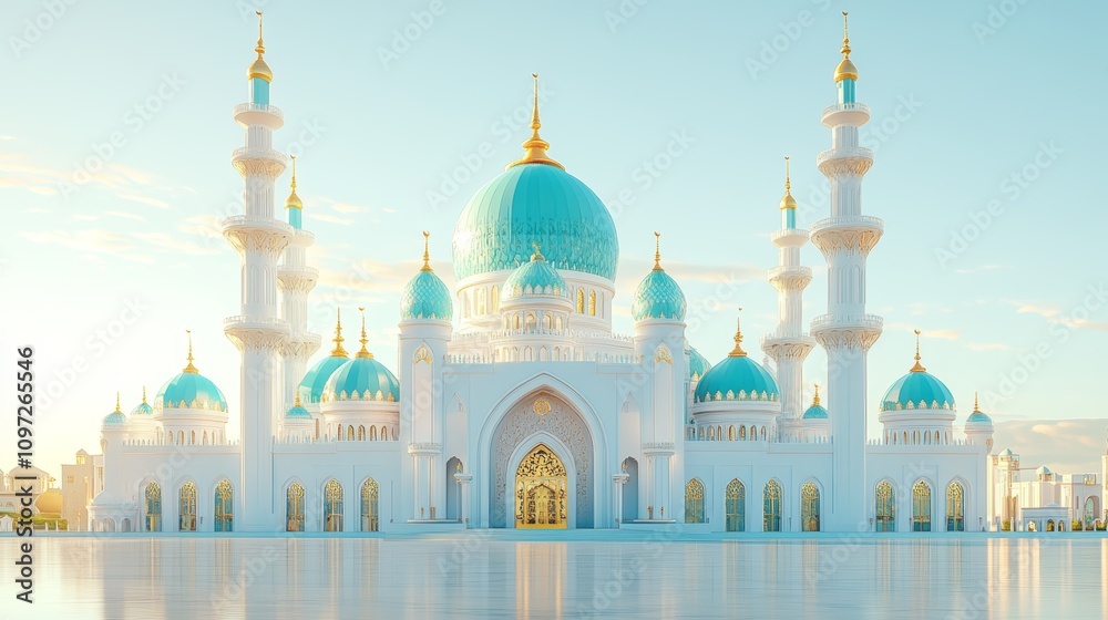 Obraz premium A majestic white mosque with blue domes and golden accents stands tall against a clear sky, reflecting in a still pond.