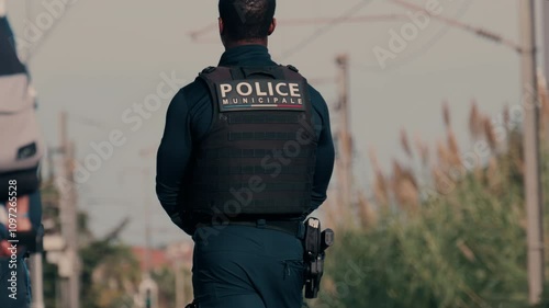 Two french police officers walking and patrolling the streets in Nice, France