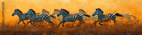 A herd of zebras gallop across the African savanna, their striped coats blending into the landscape as they evade a looming predator.