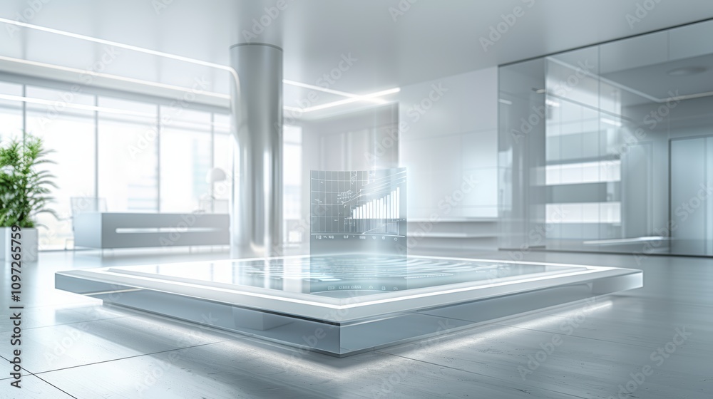 Obraz premium A modern office lobby with a large, square platform with a glass top and a glowing, translucent image inside.