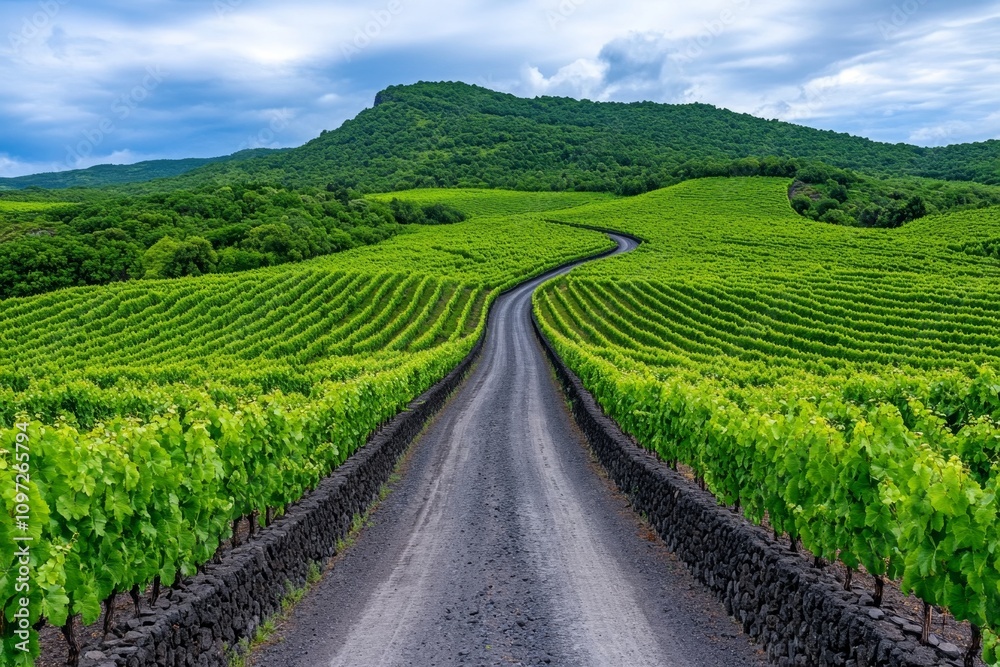 Naklejka premium A stunning aerial view of vineyards on Pico Island, with basalt stone walls dividing the lush greenery