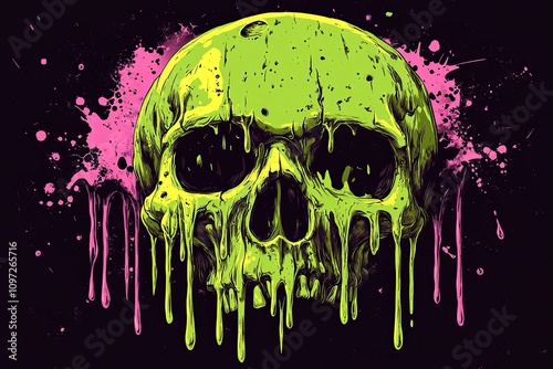 Melted green skull with pink paint splatters on black background. photo