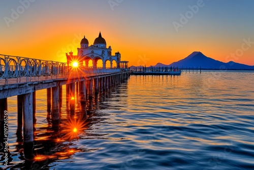 A stunning sunset over TenochtitlÃ¡n waterways, with temples and mountains reflecting in the water photo