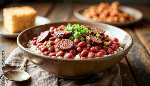 food photography shot featuring a bowl of red beans and rice with sausage