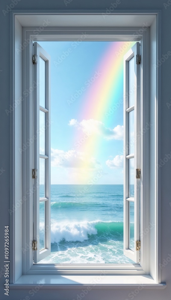 Modern open window with white frames overlooking an ocean and vibrant rainbow, symbolizing dreams and renewal Modern open window with white frames overlooking an ocean and vibrant rainbow, symbolizing dreams and renewal