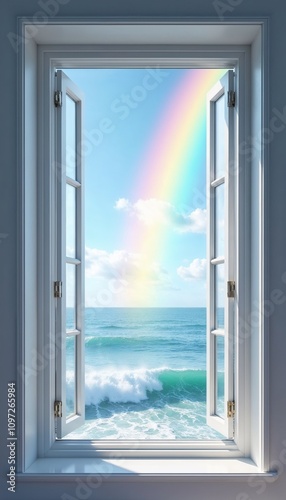 Modern open window with white frames overlooking an ocean and vibrant rainbow, symbolizing dreams and renewal