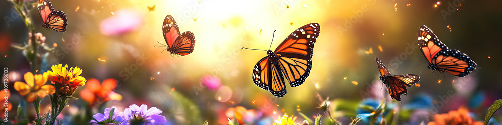 Fototapeta premium Dance of Butterflies: A close-up of vibrant butterflies fluttering around a flower-filled meadow.