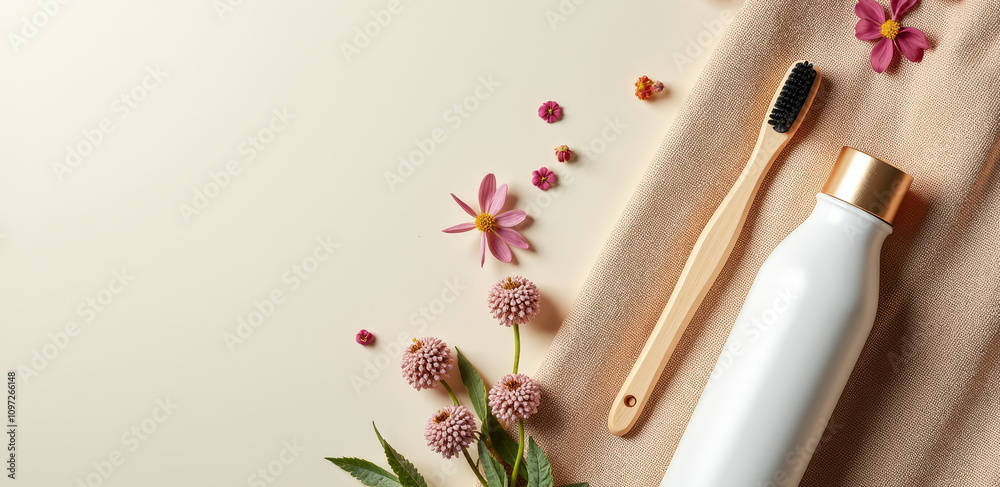 Eco-friendly bathroom items with pink flowers on beige background Eco-friendly bathroom items with pink flowers on beige background
