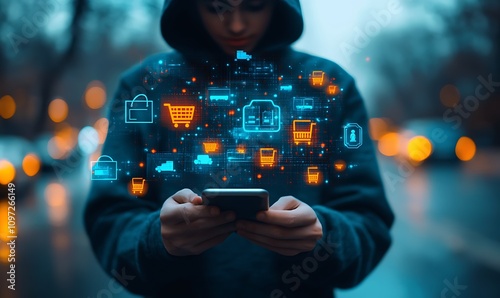  Smart retail technology and omnichannel concept. A person touching retail marketing icon on the virtual screen for channel E-commerce shopping. online retail shopping and omni-digital app design  photo