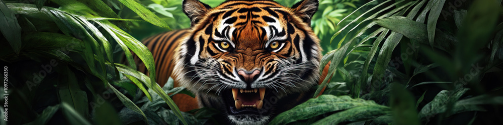 A snarling tiger, teeth bared, standing defiantly amidst lush green foliage.