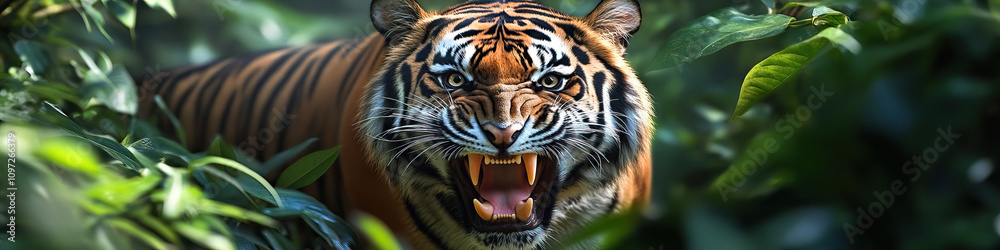 Fototapeta premium A snarling tiger, teeth bared, standing defiantly amidst lush green foliage.