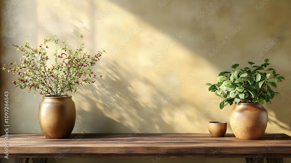 Serene Still Life: Wooden Tabletop Background with Plants Serene Still Life: Wooden Tabletop Background with Plants