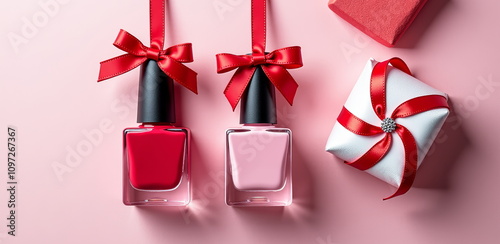 Festive nail polish bottles with red bows on pink background