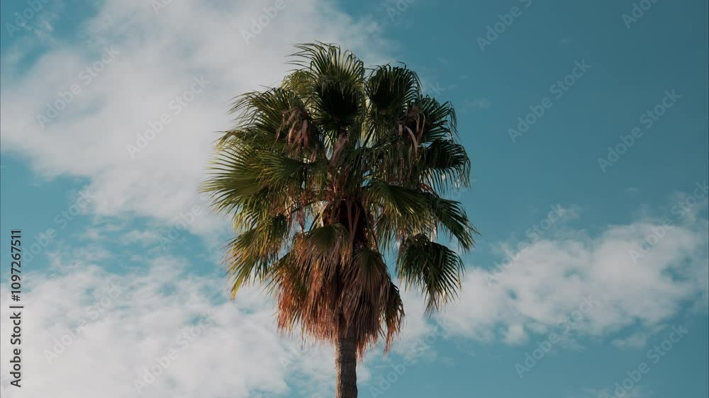 Low angle view of a palm tree on a blue sky background in daylight
