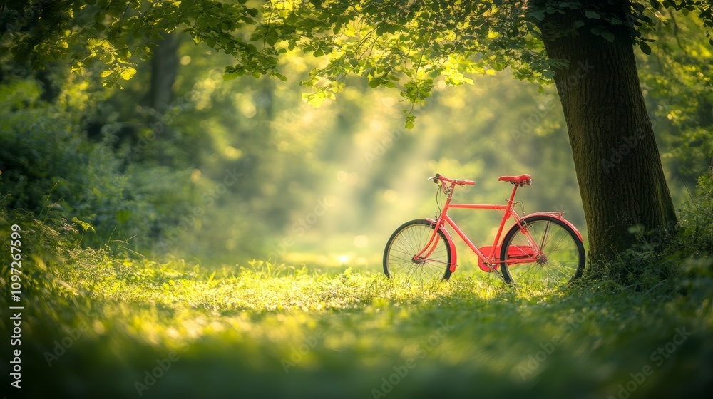 Fototapeta premium A red bicycle parked under a tree in a lush green forest on a sunny day.