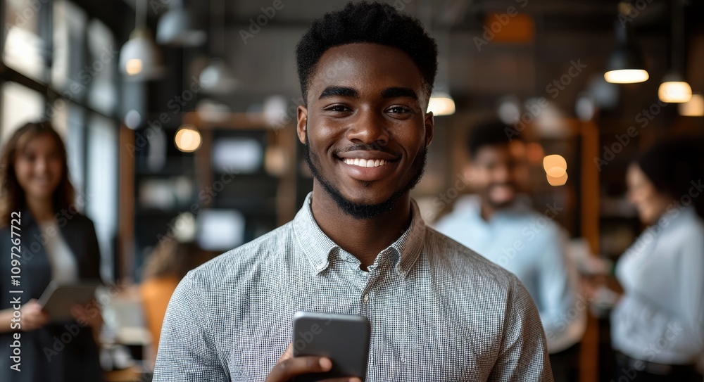 Smiling businessman holding smartphone in modern office environment Smiling businessman holding smartphone in modern office environment