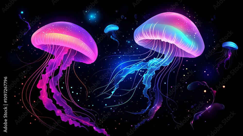 Fototapeta premium Neon-colored jellyfish floating gracefully in a dark ocean with a glowing aura. Floating Jellyfish Glow. Illustration