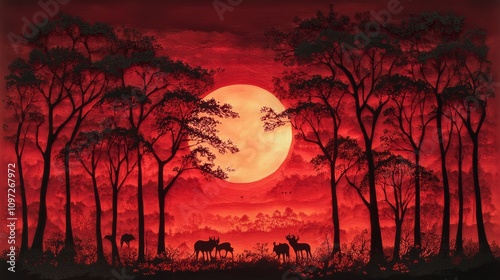 A red moon shines brightly in the night sky, casting an eerie glow over a dark forest. Silhouettes of deer stand in the foreground, their heads tilted towards the moon. photo