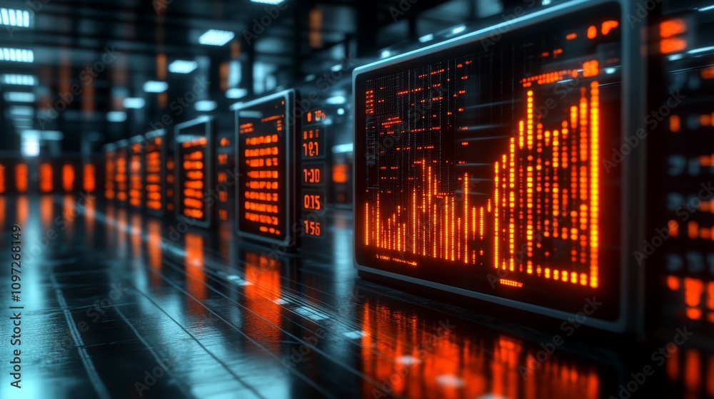 A row of futuristic displays showing financial data with orange glow and lines in a dark room.