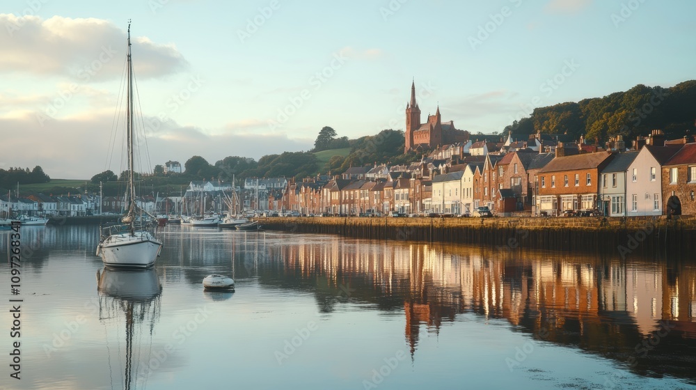 Fototapeta premium A sailboat rests in the calm waters of a harbor in front of a picturesque European town.