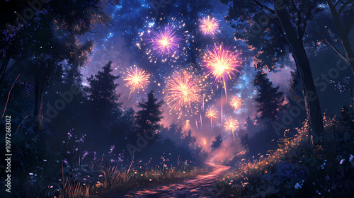 Fireworks display in forest at night - illustration. Starlit Cosmic Path. Illustration