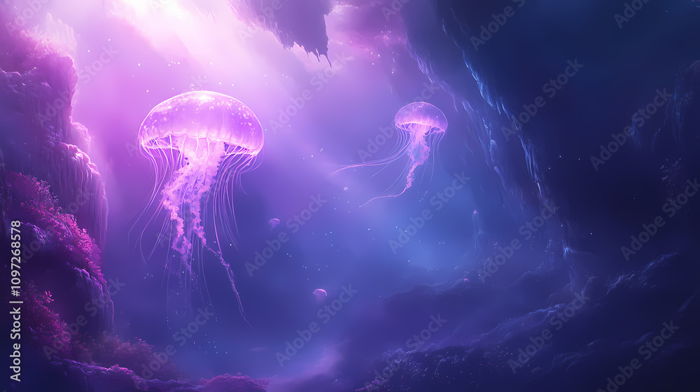 Naklejka premium Ethereal jellyfish with delicate tentacles float in a surreal underwater scene, illuminated by soft light and surrounded by a dreamy, glowing ambiance. Floating Jellyfish Glow. Illustration