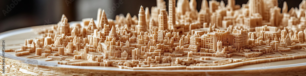 Obraz premium A tiny world of intricately carved matchsticks, resembling a miniature city scape, resting on a clear glass surface.